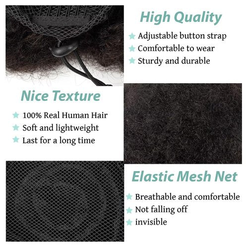 SPIKFN Afro Puff Clip On Human hair Drawstring Ponytail for Black Women,Ponytail Extension 8 Inch #1B Natural Black 60g Short Afro Kinkys Curly Afro Bun Extension Hairpiece