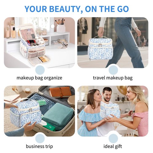 CUBETASTIC Makeup Bag Large, Floral Travel Make Up Case for Women with Removable Partitions & Multi-Pockets, Vertical Storage Cosmetic Pouch & Toiletry Bag (Floral Blue, Large)