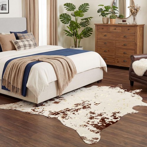 JONIYEAR Faux Cowhide Area Rug - Large 4.9 x 6.56 Feet | Premium Brown & Gold Print for Living Room & Bedroom Decor