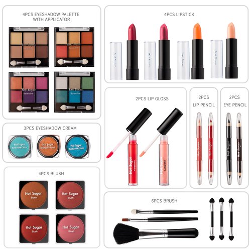Hot Sugar All In One Makeup Set for Teenager Girls, Full Makeup Kit for Beginners Includes Eye Shadow Palette Blush Lip Gloss Lipstick Lip Pencil Eye Pencil Brush Mirror (Pink Heart)