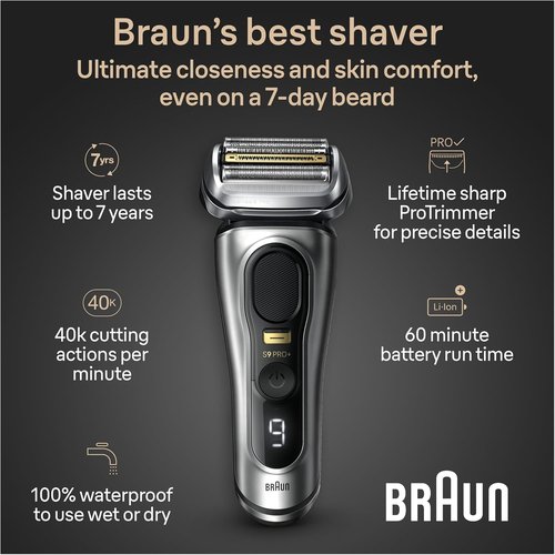Braun Series 9 PRO+ Electric Razor - 5 Pro Shave Elements & Precision Trimmer | Wet & Dry, 60min Runtime