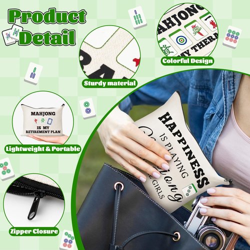 GioXtra Funny Mahjong Makeup Bag - 4Pcs Lucky Mahjong Tiles Gifts Travel Toiletry Zipper Organizer Cosmetic Bag Pen Purse Pouch for Women Board Game Lover Player Birthday Gift Travel Organizer Supply
