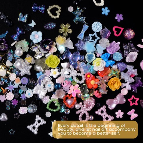 CESUSME Mix3D Assorted Color Nail Charms Multi Pink Blue Purple White Glitter Heart Flower Butterfly Bow Cute Charms Hollow White Pearls Nail Charms Acrylic Nail Art Manicure DIY Crafts Accessories