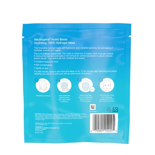 Neutrogena Hydro Boost Hydrating 100% Hydrogel Sheet Mask for Face, Moisturizing Gel Face Mask with Hyaluronic Acid for Dry Skin, Gentle, Non-Comedogenic, 1 oz
