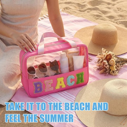 Hillban Clear Beach Makeup Bags - 6 Pcs Waterproof Travel Toiletry Set with Handle | Large PVC Nylon for Summer
