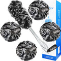 Bathflor Loofah Sponge Exfoliating Body Scrubber: 4PCS Extra Large 80g Shower Loofahs Poufs, 1PCS Long Handle Loofa Back Scrubber, 1PCS Luffa Hook, Charcoal Loofah Pack for Women Men Bath Wash, Black