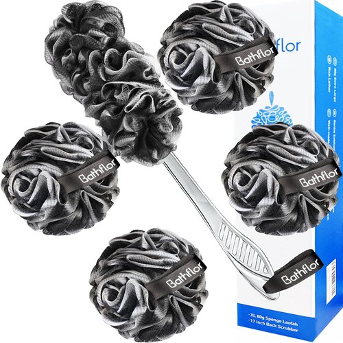 Bathflor Loofah Sponge Exfoliating Body Scrubber: 4PCS Extra Large 80g Shower Loofahs Poufs, 1PCS Long Handle Loofa Back Scrubber, 1PCS Luffa Hook, Charcoal Loofah Pack for Women Men Bath Wash, Black