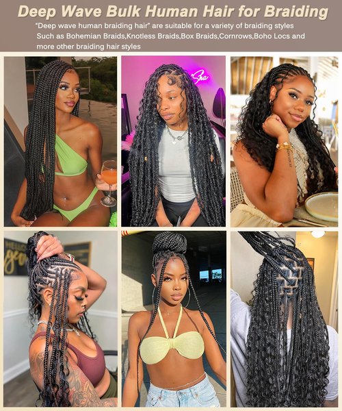 Beauty Youth Human Hair Braiding Hair Deep Wave Bulk Micro Braids Knotless for Black Women,20 Inch, 100g, No Weft, 13A Brazilian Virgin Human Hair, 2 Braids Per Pack - Natural Boho Style