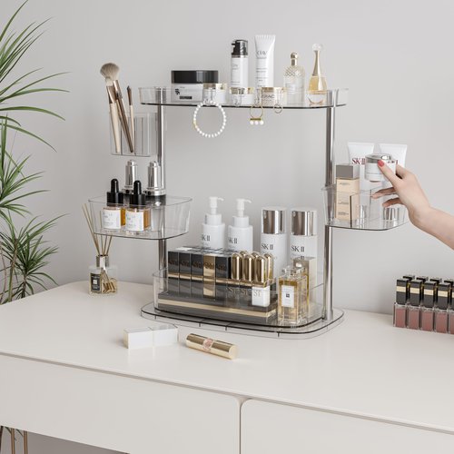 ACRYDECOR Clear Acrylic Makeup Organizer, Multi-Tier Cosmetic Storage Rack with Side Containers, Large Capacity Skincare Holder for Bathroom Counter, Vanity & Desk