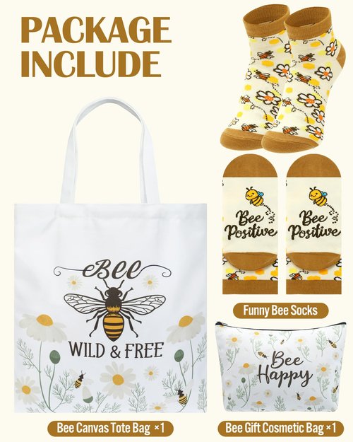Bulyoou 3 Pcs Bee Themed Gifts for Women Funny Honeybee Canvas Tote Bag with Zipper Makeup Bag and Socks Bee day Holiday Birthday Gifts for Mother Teachers Employee Beekeepers Lovers