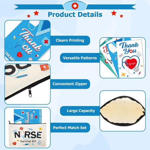 Nurse Bags, 32 PCS Nurse Makeup Bag Thank You Nurse Card, Nursing Day Appreciation Cards Nurse Week Carvas Cosmetic Bag Survival Kit with Zipper Funny Thank You Cards Nurse Supplies