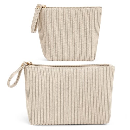 MAGEFY 2Pcs Makeup Bag Set, Cute Makeup Pouch for Purse Corduroy Travel Cosmetic Pouch for Women with Slip-in Pockets for Purse Essentials Accessories(Beige,Mini+Small)
