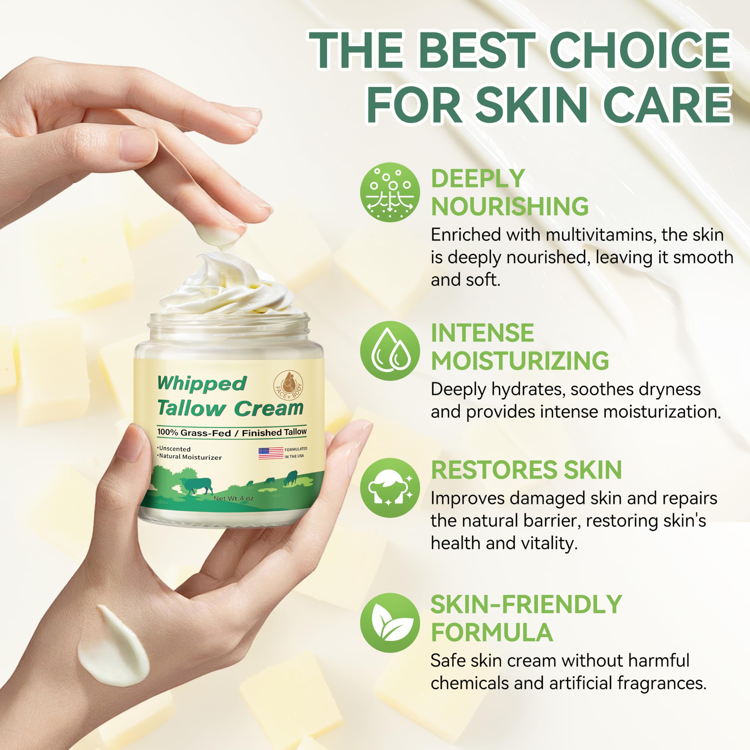ZIIDII Beef Tallow for Skin, Organic Grass Fed Whipped Beef Tallow Balm Moisturizer Deeply Nourishing for Face & Body, Natural Unscented Tallow Face Moisturizer Cream for Dry Skin, 4oz