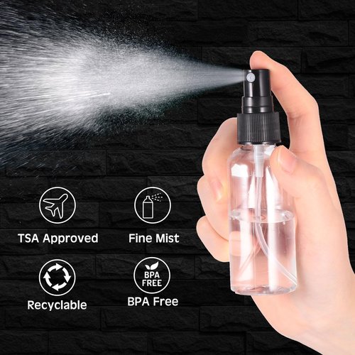Roshtia 300 Pcs 2 oz Plastic Mini Spray Bottles with Black Cap Clear Empty Fine Mist Spray Bottles Refillable Liquid Container for Essential Oils Perfumes Travel Makeup