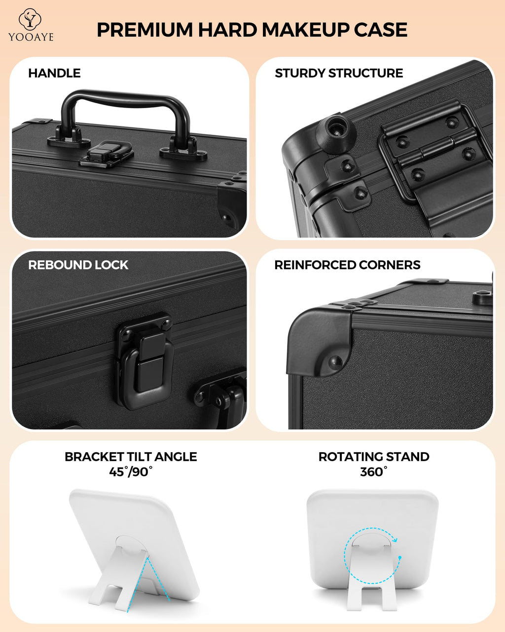 Yooaye Makeup Box with Detachable Lighted Mirror–Travel Train Case, Cosmetic Storage Organizer & Makeup Suitcase with Adjustable Dividers & Magnetic LED Mirror (Black)