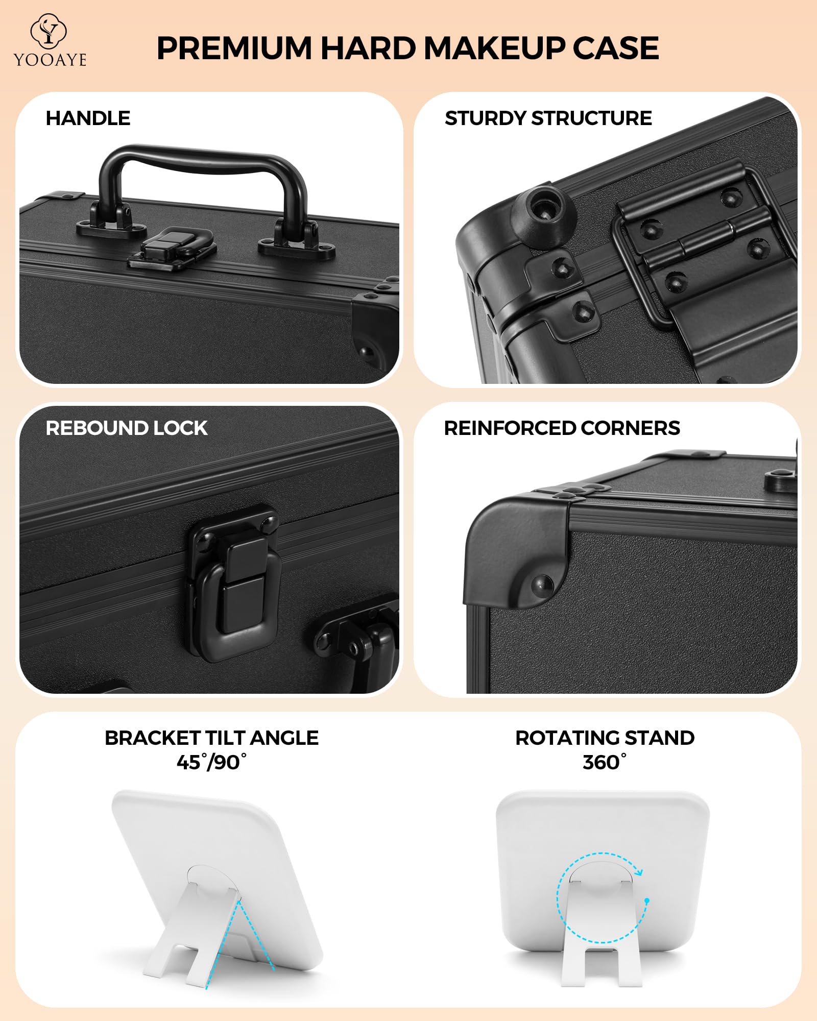 Yooaye Makeup Box with Detachable Lighted Mirror–Travel Train Case, Cosmetic Storage Organizer & Makeup Suitcase with Adjustable Dividers & Magnetic LED Mirror (Black)