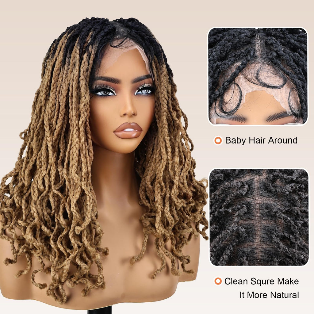 YOKABOOM Ombre Honey Blonde Braided Wigs Full Lace with Baby Hair Box Braids Wig for Black Women with Babyhair 360 Double Lace Natural Wavy Pre Braided with Square Design Black Root 16 inch