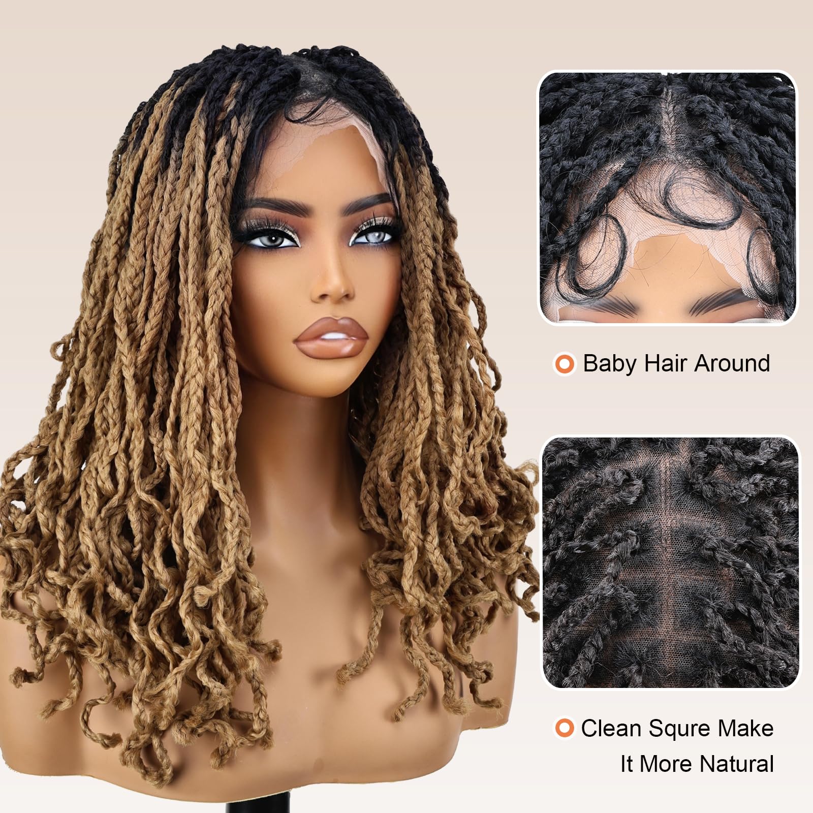 YOKABOOM Ombre Honey Blonde Braided Wigs Full Lace with Baby Hair Box Braids Wig for Black Women with Babyhair 360 Double Lace Natural Wavy Pre Braided with Square Design Black Root 16 inch
