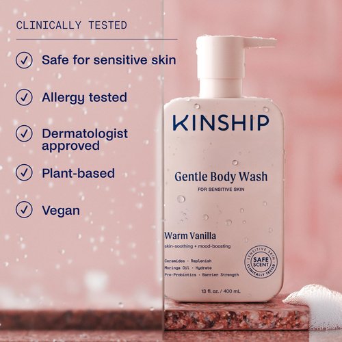 Kinship Gentle Moisturizing Body Wash for Sensitive Skin | Eczema Relief & Hydration for Dry Skin | Vanilla Body Soap, 13 oz