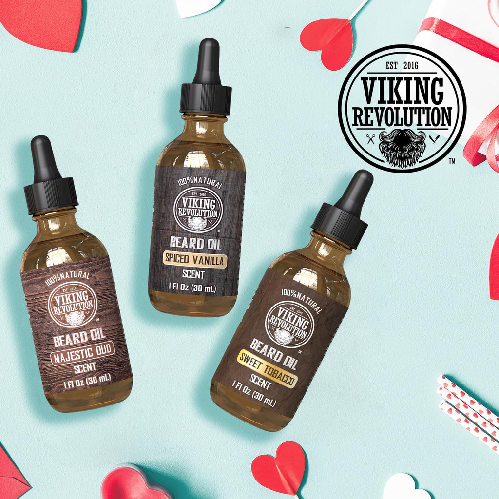 Viking Revolution Beard Oil for Men 3 Pack - Natural Mens Beard Oil Variety Set - Spiced Vanilla, Sweet Tobacco, Majestic Oud - Beard Conditioning and Moisturizing for a Healthy Beard (3 Pack, 1oz)