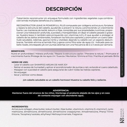Kashia Beauty Reconstructor Leave-In Powerfull Plus 10.1 oz – Plant-Based Collagen Hair Treatment – Anti-Frizz UV Protection – Deep Hydration with Shea Kokum & Illipe Butters