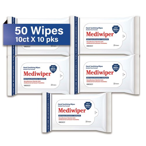 Mediwiper 10ct Alcohol-Free Hand Sanitizing Wipes, Disinfecting Antibacterial Hand Sanitizer Wipe Bulk (50 Wipes (10 * 5))