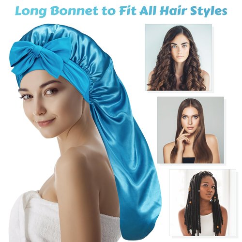PHILIGHTS Long Satin Bonnet with Tie Band, Reversible Silk Sleep Bonnet for Women, Double Layer for Braids & Curly Hair