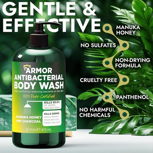 Antibacterial Body Wash by [Brand Name] - Kills 99.9% of Germs | Manuka Honey & Charcoal, 16 fl oz