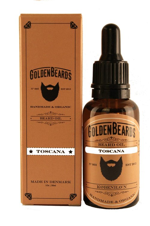 Golden Beards Organic Beard Oil for Men - Toscana Beard Oil with Jojoba, Argan & Apricot Oils - Aromatic Juniper & Ginger Blend – 30ml)1 oz) Vegan Beard Moisturizer, Handmade in Denmark.