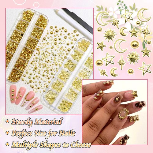 BELICEY 3D Nail Charms Mix Gold Star Moon Sun Charms for Nails Gold Flatback Nail Pearls Nail Charms Gems Pearls for Nails Jewelry for DIY Nail Art Supply Accessories Crafts with Tweezer Picker Pen