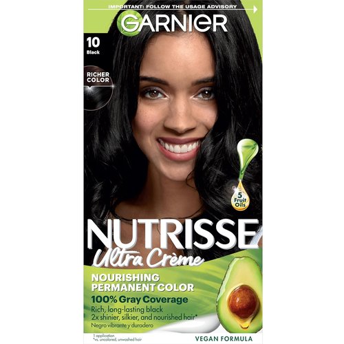 Garnier Nutrisse Ultra Crème Hair Color - 100% Gray Coverage, Vegan & Cruelty-Free, 10 Black (Licorice)