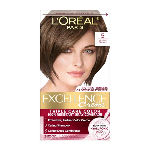 L'Oreal Paris Excellence Crème Hair Dye - Triple Care Formula for 100% Gray Coverage | 5 Medium Brown, 1 Kit