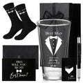 Qinyoung 7 Pcs Best Man Gifts Wedding Proposal Gift for Groomsman 16 oz Beer Glass Cup Bottle Cap Opener Socks Multi Tool Ballpoint Pen with Greeting Card Black Envelope Box(Best Man)