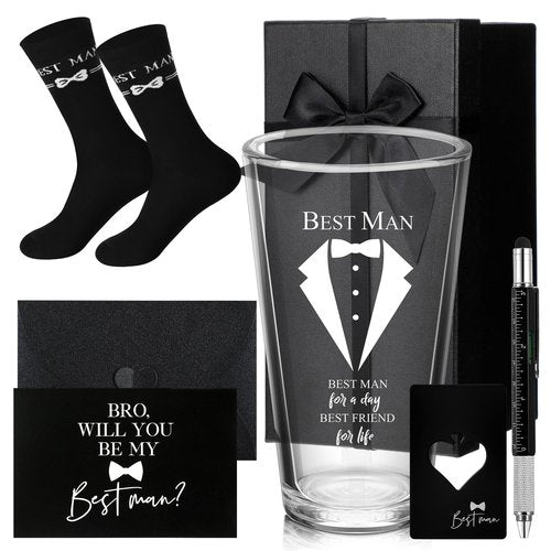 Qinyoung 7 Pcs Best Man Gifts Wedding Proposal Gift for Groomsman 16 oz Beer Glass Cup Bottle Cap Opener Socks Multi Tool Ballpoint Pen with Greeting Card Black Envelope Box(Best Man)