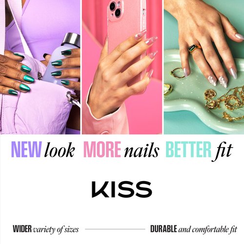 KISS CORE, Press On Nails, Nail glue included, 'Credit', Blue, Medium Size, Almond Shape, Includes 32 Nails, 2g Glue, 1 Manicure Stick, 1 Mini File
