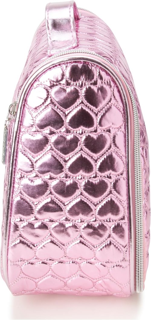 Juicy Couture Pink Makeup Bag - Shiny Puffer Heart Organizer with Hanging Hook for Travel Essentials
