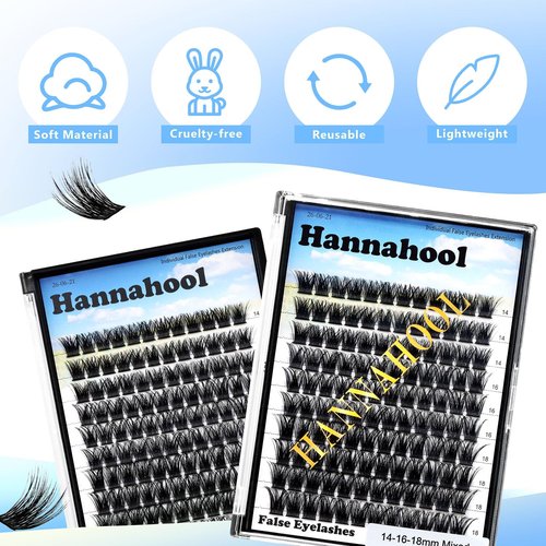 Hannahool 120pcs D Curl Individual Wide Stem Cluster DIY Eye Lashes Extensions Mixed 10-12-14-16mm/14-16-18mm/12-14-16mm Makeup Dramatic Volume Lashes (Lashes kit -mixed 10-12-14-16mm)