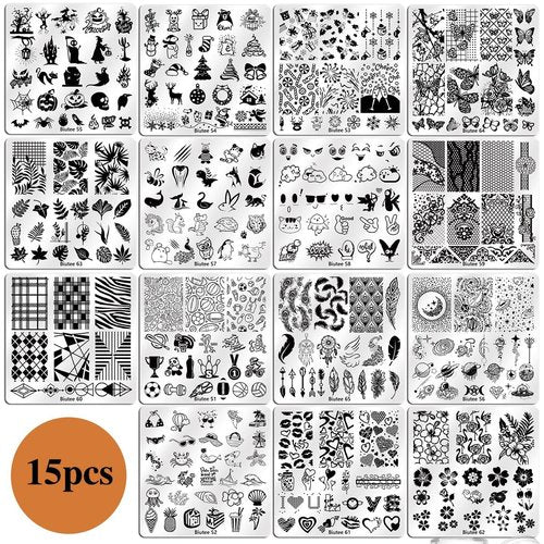 Biutee Nail Stamper Kit 15pcs Nail Art Stamp Plate 8pcs Stamp Gel Polish 1pcs Nail Stamper Scraper Set with Storage Bag, Nail Stamp Template Kit Valentine's Day Flower Lace Animal Star Design