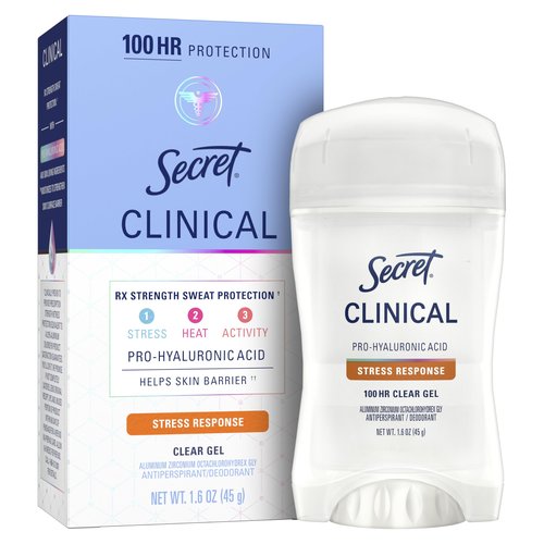 Secret Clinical Strength Antiperspirant Deodorant for Women, Stress Response, 100hr Sweat & Odor Protection, 3X Stress Protection with Pro-Hyaluronic Acid, PH Balancing Minerals, Clear Gel, 1.6 oz