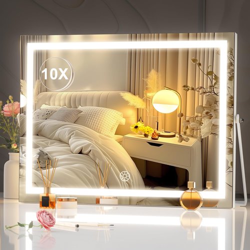 Hasipu Vanity Mirror with Lights, 17.7" x13.8” - 10X Magnification, Smart Touch 3 Color Modes, Brightness Control & 360° Rotation