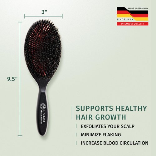 SHASH 100% First Cut Boar Bristle Hair Brush, Suitable For FINE TO THIN HAIR TYPES ONLY - Naturally Conditions Hair, Improves Texture, Exfoliates, Stimulates, Made in Germany (Black, Large)
