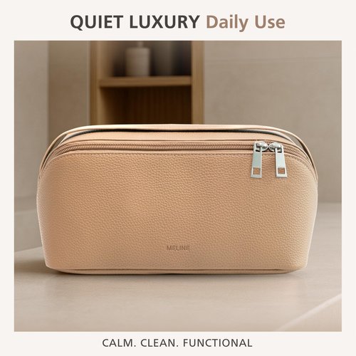 MELINE Travel Makeup Bag – Large Capacity Cosmetic and Toiletry Organizer with Divider and Handle, Waterproof Flat-Open Design, Portable Pouch for Women (Taupe)
