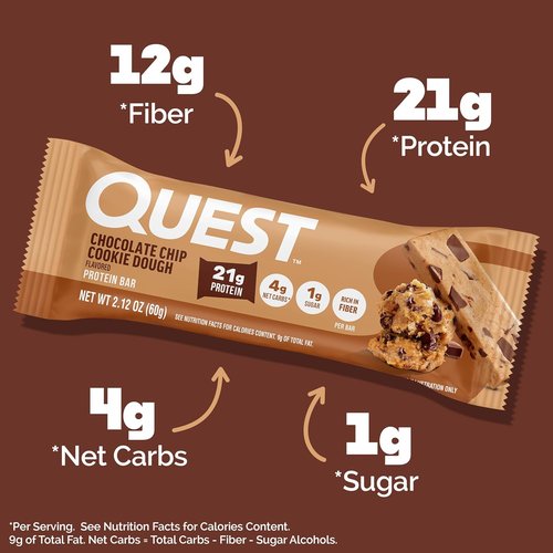 Quest Nutrition Protein Bars - Chocolate Chip Cookie Dough Flavor | High Protein, Low Carb, Gluten Free, 12 Count