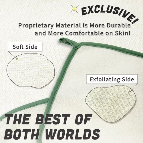 myHomeBody Dual-Textured Exfoliating Washcloth with Soft and Scrubbing Side, Body Exfoliation Scrubber for Bath, Shower, White with Green Edge, Set of 5