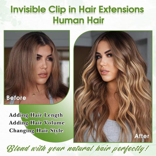Clip in Hair Extensions Real Human Hair Balayage 14inch Chocolate Brown and Honey Blonde Human Hair Clip in Extensions 100% Human Hair Highlight Seamless Clip ins Extension for Women 8pcs Double Weft