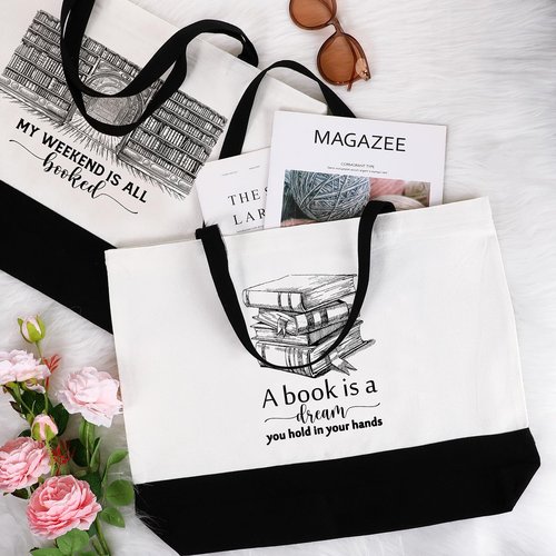 Locmeo 12 Pcs Book Lovers Gifts Book Club Tote Bag Reading Quote Makeup Reusable Cosmetic Bag with Metal Zipper Bookish Librarian Appreciation Gifts for Women Bookworm Teacher Student