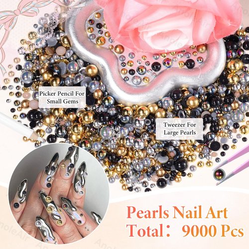 9000Pcs Gold Silver Black Half Pearls for Crafting, Flatback Pearls for Bedazzling, 3-8mm ABS Flatback Gold Pearl for Nails Art DIY Crafts Shoes Clothes Bags DIY Making