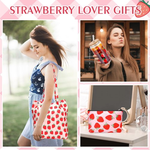 Bulyoou Strawberry Gift Set, Included 16oz Glass Cups with Lids and Straws Waterproof Travel Bag Pouch Strawberry Makeup Bag and Corduroy Tote for Women Christmas Birthday Mothers Day