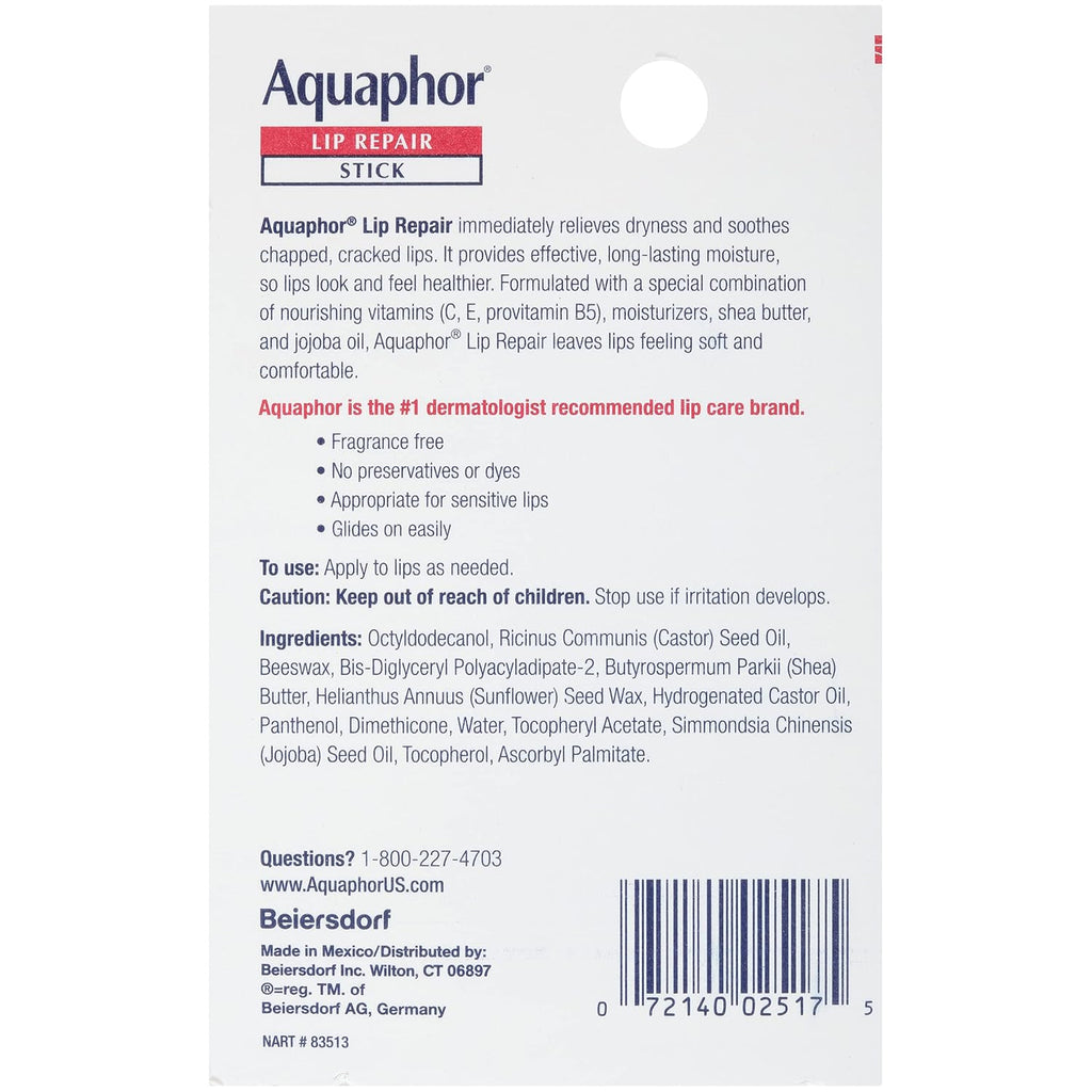 Aquaphor Lip Repair Stick - Moisturizing Lip Balm with Jojoba Oil & Shea Butter | Fragrance-Free, 0.17 Oz, Pack of 4