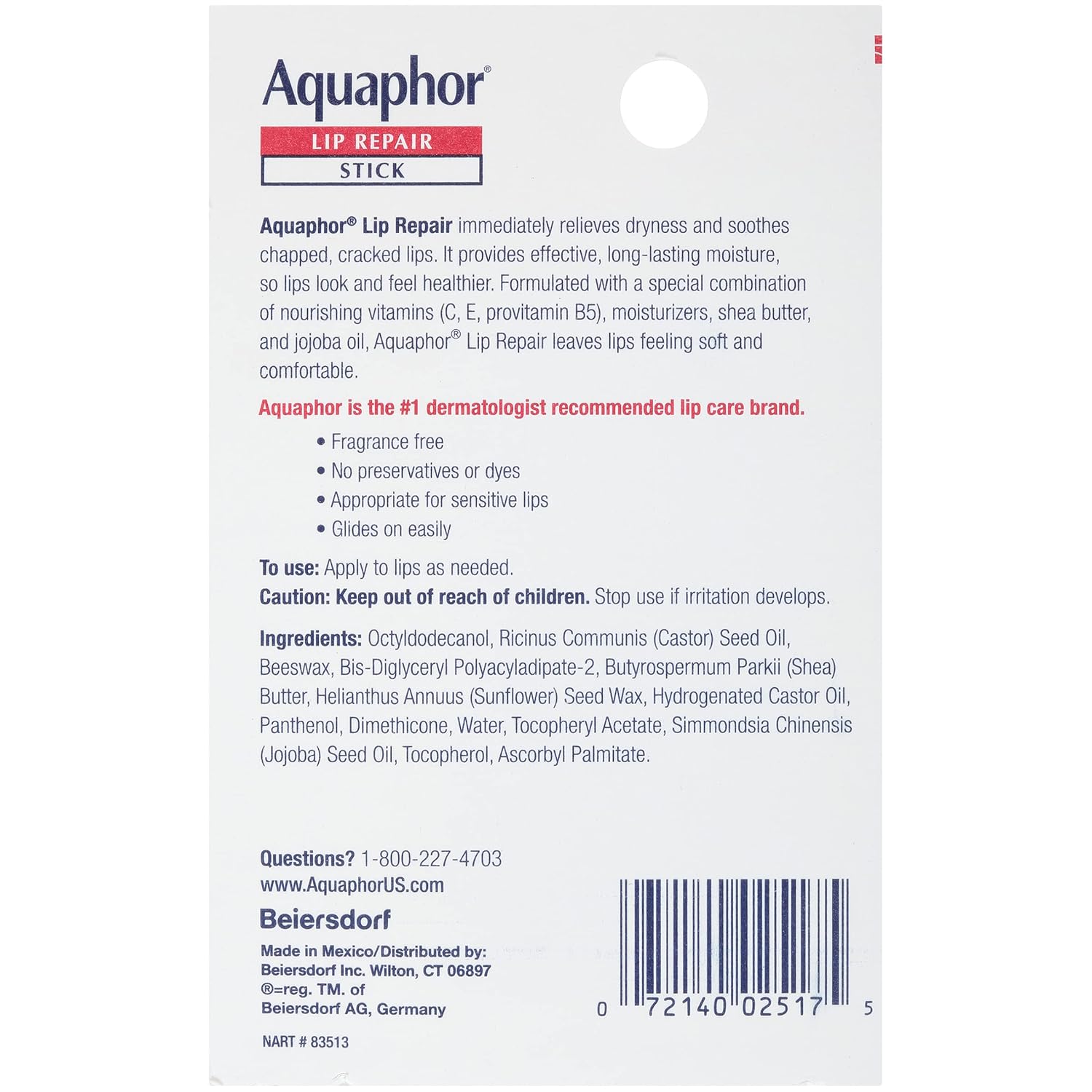 Aquaphor Lip Repair Stick - Moisturizing Lip Balm with Jojoba Oil & Shea Butter | Fragrance-Free, 0.17 Oz, Pack of 4